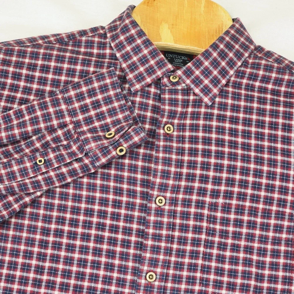 UNTUCKit Button‎ Down Shirt Men's Large Red Navy Plaid Slim Fit Cotton Flannel